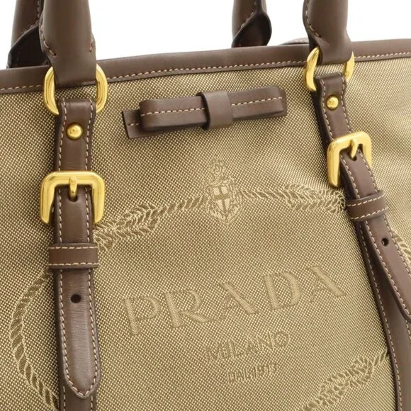 Prada Logo Jacquard Ribbon Tote 2-Way Shoulder Bag Canvas Khaki - Picture 8 of 9